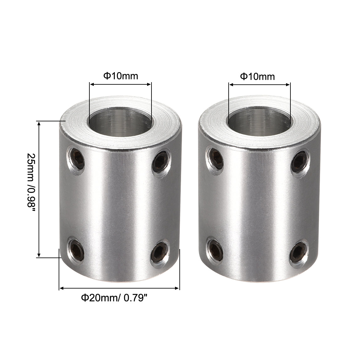 uxcell Uxcell 10mm to 10mm Bore Rigid Coupling 25mm Length 20mm Diameter Aluminum Alloy Shaft Coupler Connector Silver 2pcs