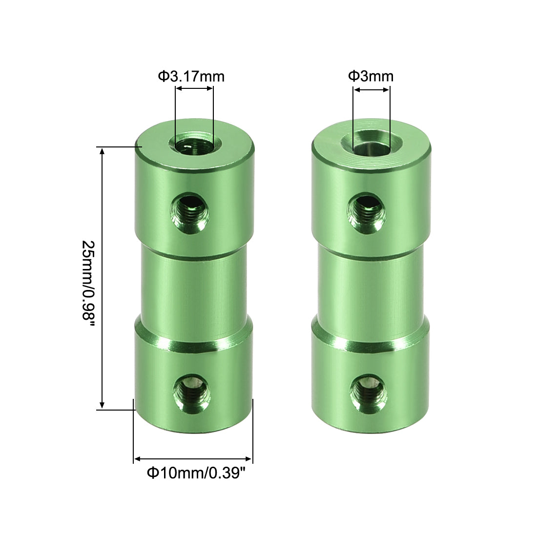 uxcell Uxcell 3mm to 3.17mm Bore Rigid Coupling 25mm Length 10mm Diameter Aluminum Alloy Shaft Coupler Connector Green 2pcs