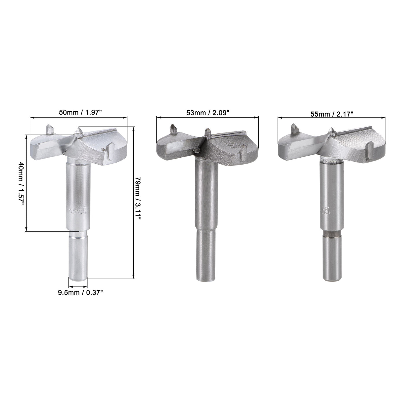 uxcell Uxcell Forstner Wood Boring Drill Bits 50mm 53mm 55mm Dia. Hole Saw Carbide Alloy Steel Tip Round Shank Cutting for Hinge Plywood Wood Tool 3 in 1 Set