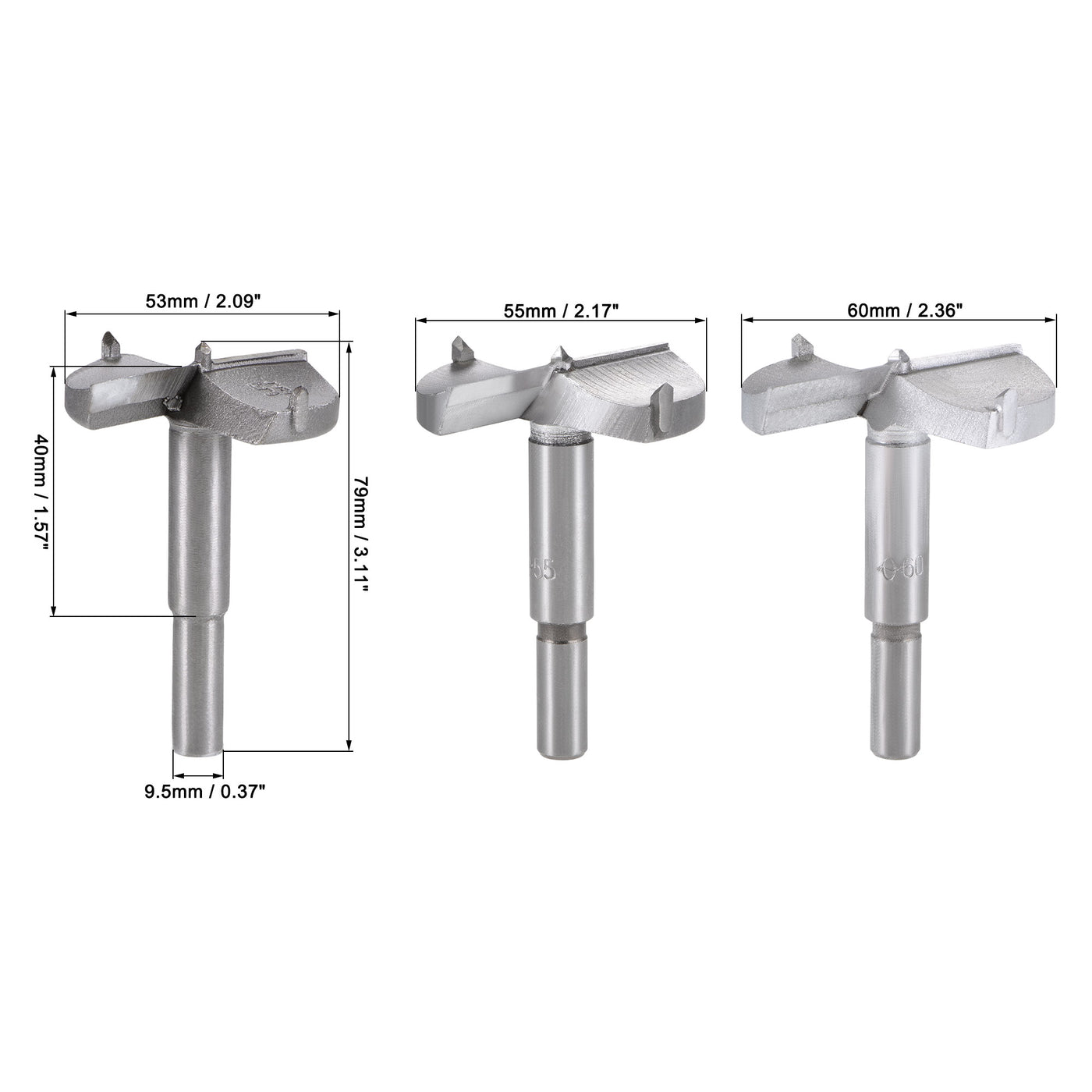 uxcell Uxcell Forstner Wood Boring Drill Bits 53mm 55mm 60mm Dia. Hole Saw Carbide Alloy Steel Tip Round Shank Cutting for Hinge Plywood Wood Tool 3 in 1 Set