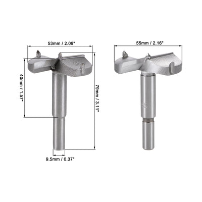 Harfington Uxcell Forstner Wood Boring Drill Bits 53mm 55mm Dia. Hole Saw Carbide Alloy Steel Tip Round Shank Cutting for Hinge Plywood Wood Tool 2 in 1 Set