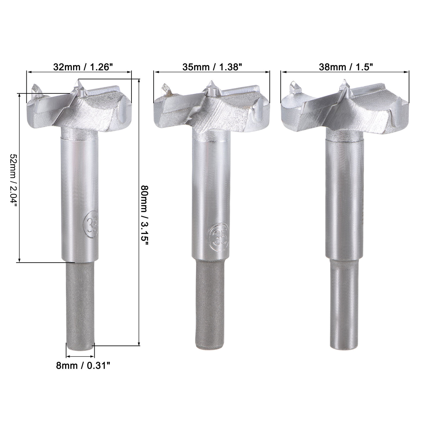 uxcell Uxcell Forstner Wood Boring Drill Bits 32mm 35mm 38mm Dia. Hole Saw Carbide Alloy Steel Tip Round Shank Cutting for Hinge Plywood Wood Tool 3 in 1 Set