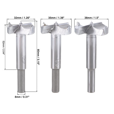 Harfington Uxcell Forstner Wood Boring Drill Bits 32mm 35mm 38mm Dia. Hole Saw Carbide Alloy Steel Tip Round Shank Cutting for Hinge Plywood Wood Tool 3 in 1 Set