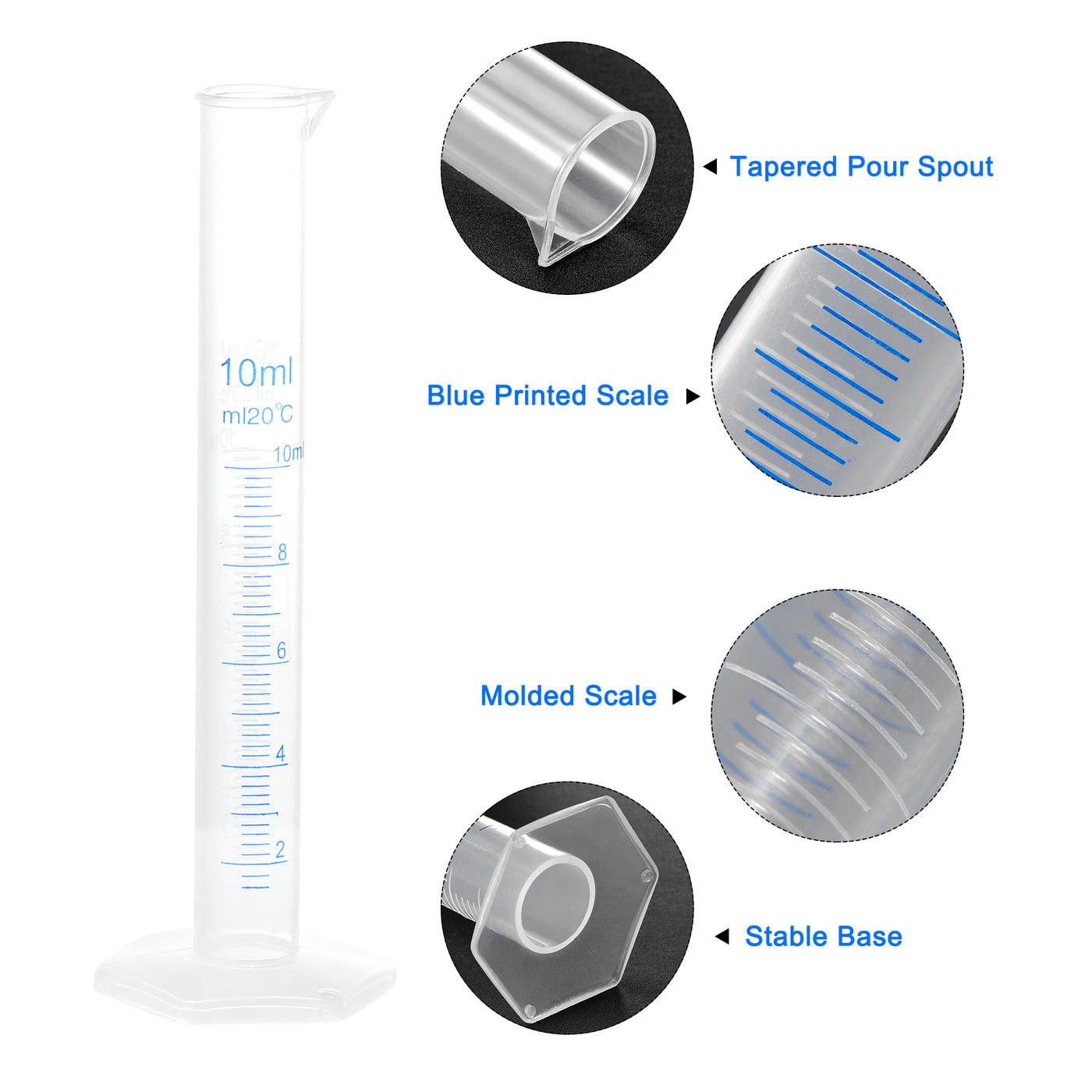 uxcell Uxcell 4Stk. Kunststoff Messzylinder 10ml Messzylinder Wissenschaft Reagenzglas Becher 2-Seitliche metrische Markierung Durchsichtige Sechskantbasis für Labor Haus