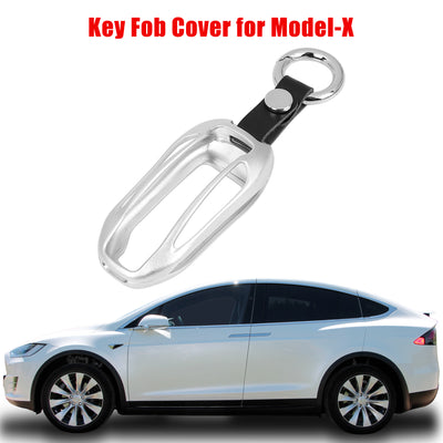 Harfington Aluminum Alloy Car Key Fob Cover Flip Key Shell Protector Case Holder with Round Keychain for Tesla Model x Silver Tone