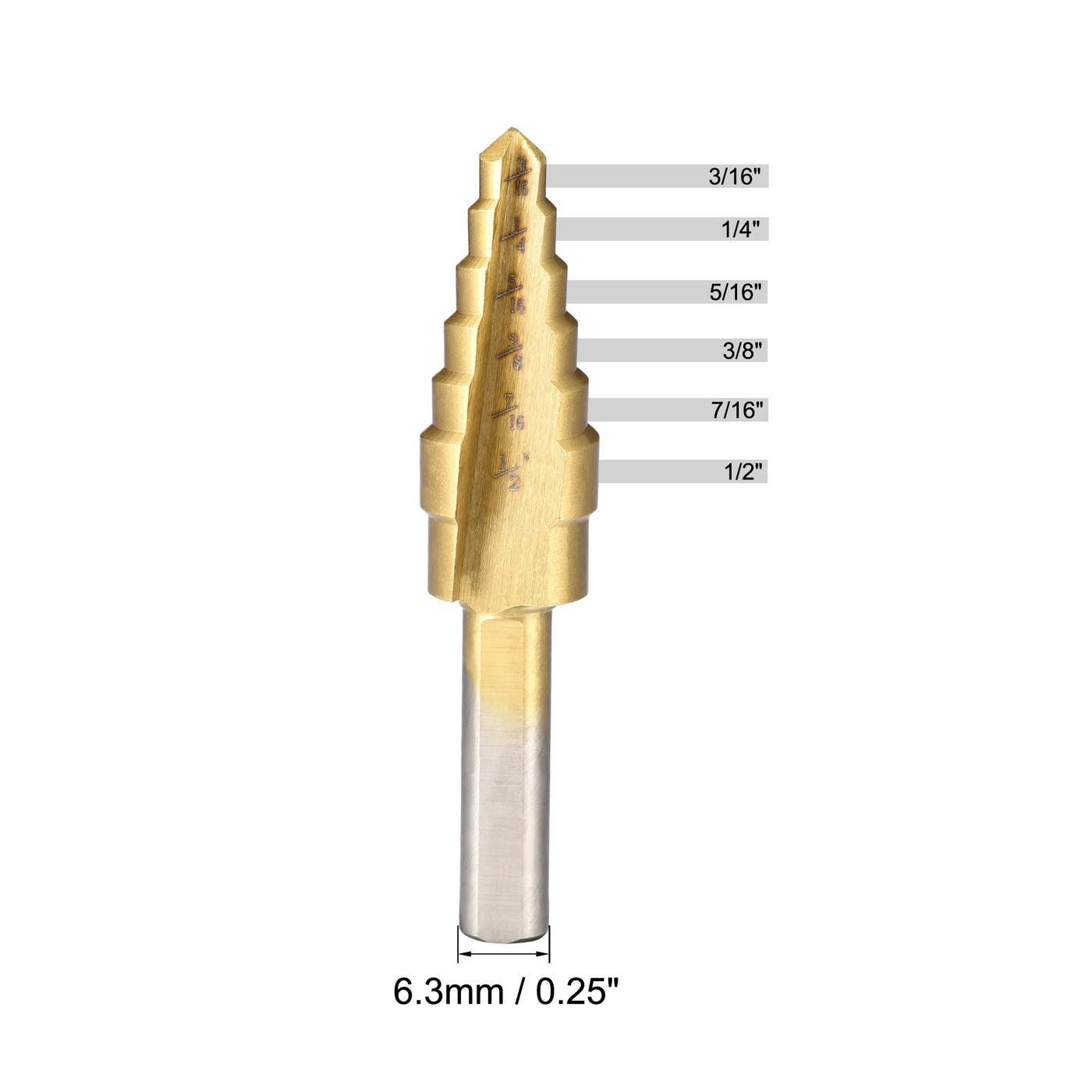 uxcell Uxcell Step Drill Bit HSS4241 3/16" to 1/2" 6 Sizes Straight Flutes Triangular Shank for Metal Wood Plastic