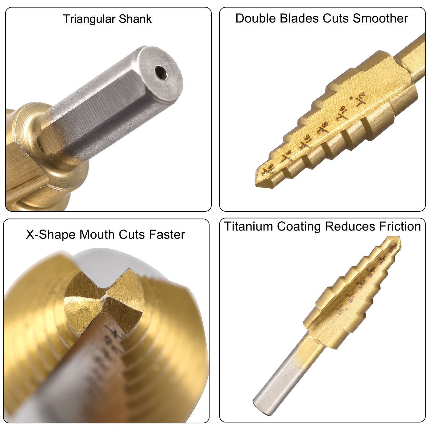 uxcell Uxcell Step Drill Bit HSS4241 3/16" to 1/2" 6 Sizes Straight Flutes Triangular Shank for Metal Wood Plastic