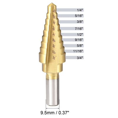 Harfington Uxcell Step Drill Bit HSS4241 1/4" to 3/4" 9 Sizes Straight Flutes Triangular Shank for Metal Wood Plastic