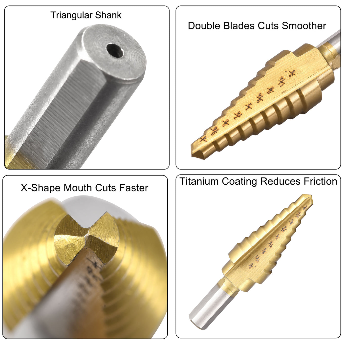 uxcell Uxcell Step Drill Bit HSS4241 1/4" to 3/4" 9 Sizes Straight Flutes Triangular Shank for Metal Wood Plastic