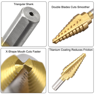 Harfington Uxcell Step Drill Bit HSS4241 1/4" to 3/4" 9 Sizes Straight Flutes Triangular Shank for Metal Wood Plastic 2Pcs