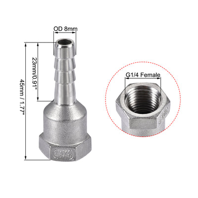 Harfington Uxcell 304 Stainless Steel Hose Barb Fitting Coupler, 8mm Barb x G1/4 Female Thread Pipe Adapter