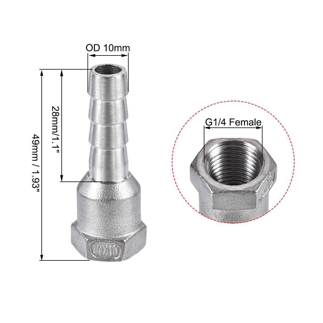 uxcell Uxcell 304 Stainless Steel Hose Barb Fitting Coupler 10mm Barb G1/4 Female Thread