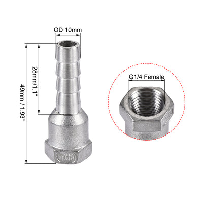 Harfington Uxcell 304 Stainless Steel Hose Barb Fitting Coupler 10mm Barb G1/4 Female Thread