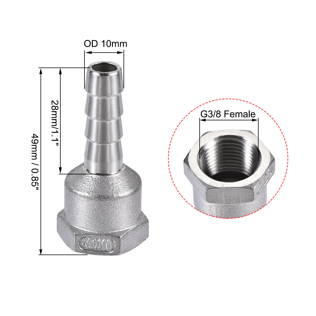 uxcell Uxcell 304 Stainless Steel Hose Barb Fitting Coupler 10mm Barb G3/8 Female Thread