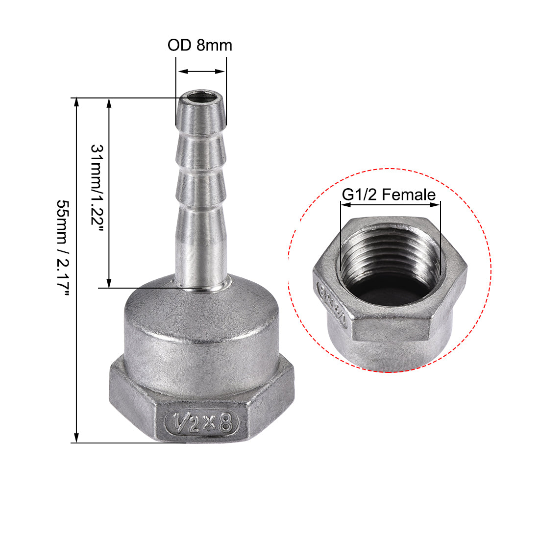 uxcell Uxcell 304 Stainless Steel Hose Barb Fitting Coupler, 8mm Barb x G1/2 Female Thread Pipe Adapter