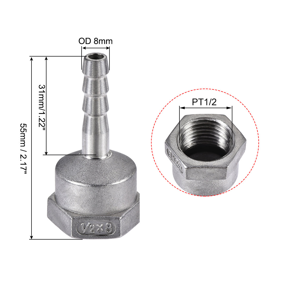 uxcell Uxcell 304 Stainless Steel Hose Barb Fitting Coupler, 8mm Barb x PT1/2 Female Thread Pipe Adapter, 2Pcs