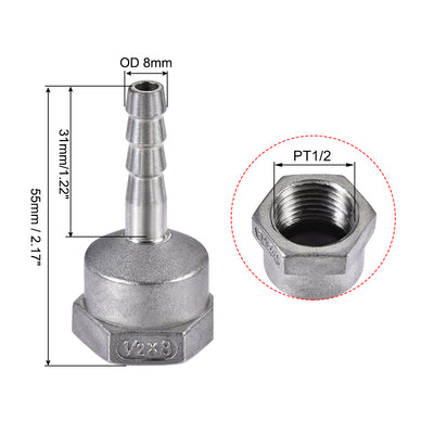 Harfington Uxcell 304 Stainless Steel Hose Barb Fitting Coupler, 8mm Barb x PT1/2 Female Thread Pipe Adapter, 2Pcs