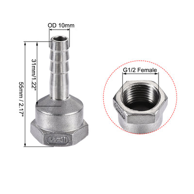 Harfington Uxcell 304 Stainless Steel Hose Barb Fitting Coupler 10mm Barb G1/2 Female Thread