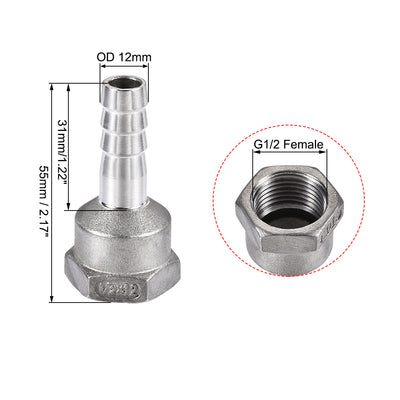 Harfington Uxcell 304 Stainless Steel Hose Barb Fitting Coupler 12mm Barb G1/2 Female Thread