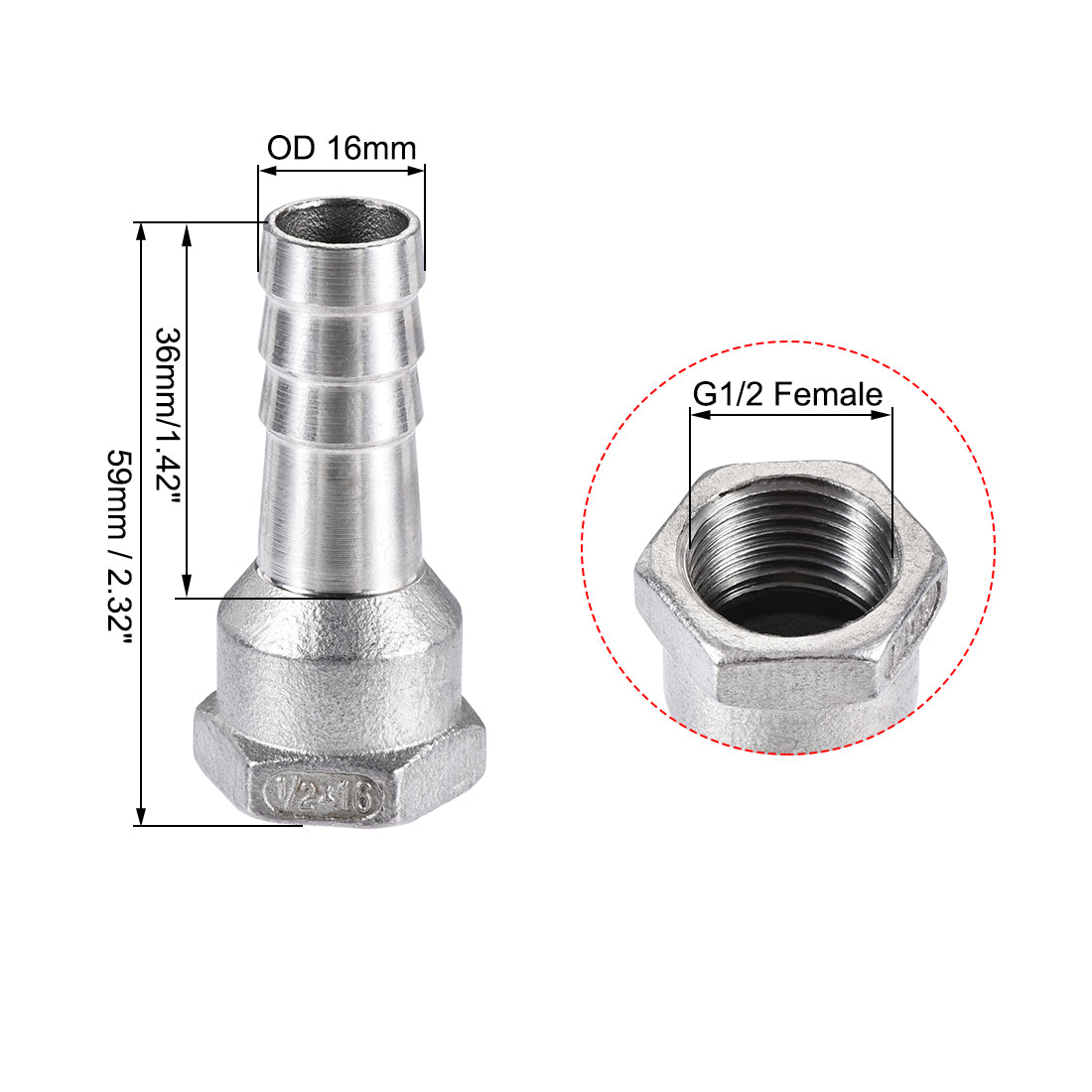 uxcell Uxcell 304 Stainless Steel Hose Barb Fitting Coupler 16mm Barb G1/2 Female Thread 2Pcs