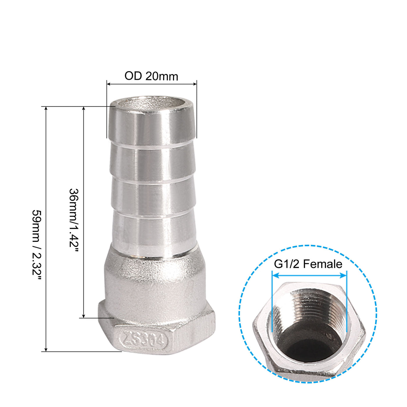 uxcell Uxcell 304 Stainless Steel Hose Barb Fitting Coupler 20mm Barb G1/2 Female Thread