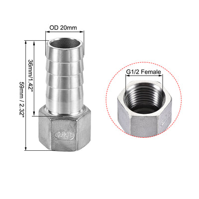 Harfington Uxcell 304 Stainless Steel Hose Barb Fitting Coupler 20mm Barb G1/2 Female Thread 2Pcs