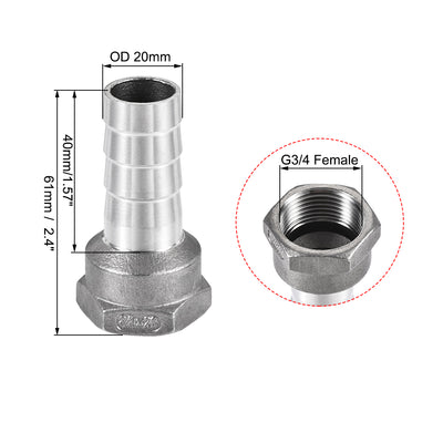 Harfington Uxcell 304 Edelstahl Schlauchtülle Fitting Koppler 20mm Barb x G3/4 Innengewinde Rohradapter