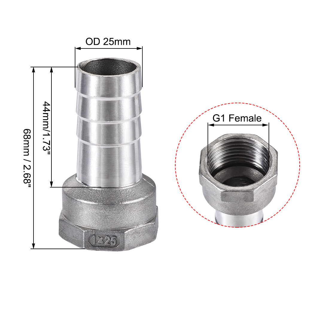 uxcell Uxcell 304 Stainless Steel Hose Barb Fitting Coupler 25mm Barb G1 Female Thread