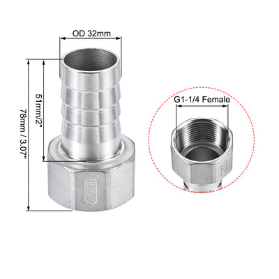 Harfington Uxcell 304 Stainless Steel Hose Barb Fitting Coupler 32mm Barb G1-1/4 Female Thread