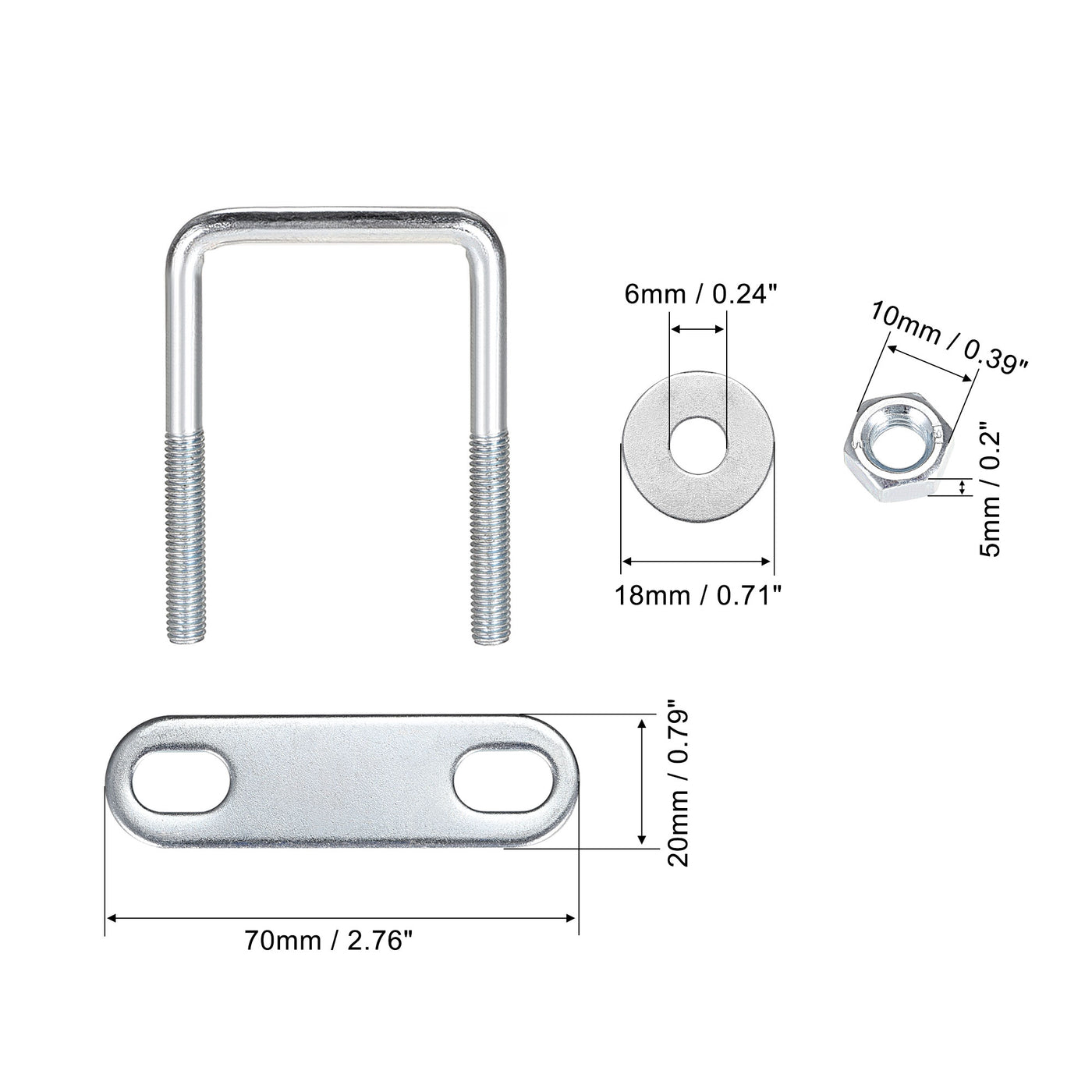 uxcell Uxcell Square U-Bolts 1-5/8"(42mm) Inner Width Carbon Steel M6 with Nuts, Frame Plate, Round Washers 4 Set