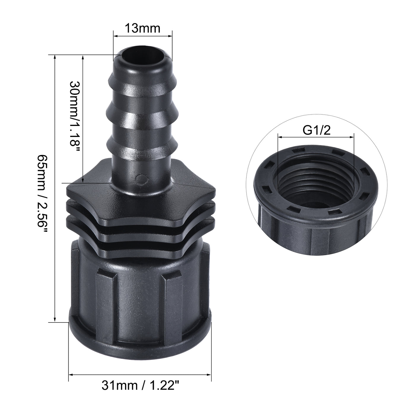 uxcell Uxcell ABS Hose Barb Fitting Coupler, 13mm Barb x G1/2 Female Thread Pipe Adapter, Black 2Pcs