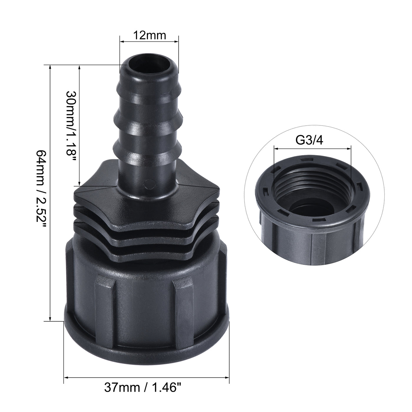 uxcell Uxcell ABS Hose Barb Fitting Coupler, 12mm Barb x G3/4 Female Thread Pipe Adapter, Black