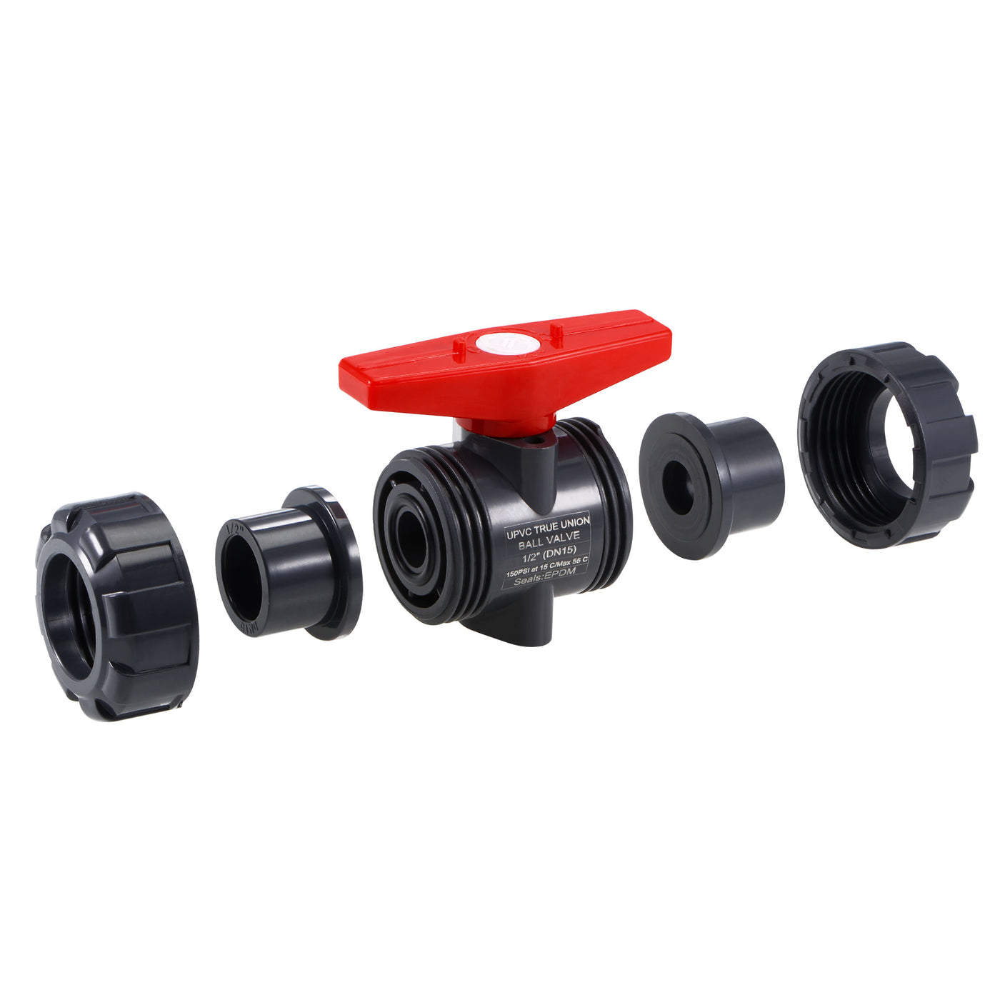 Uxcell Uxcell Ball Valve, 3/4" Slip PVC Socket End True Union Valve, EPDM Seal O-ring, 150 PSI at 59F Gray Red