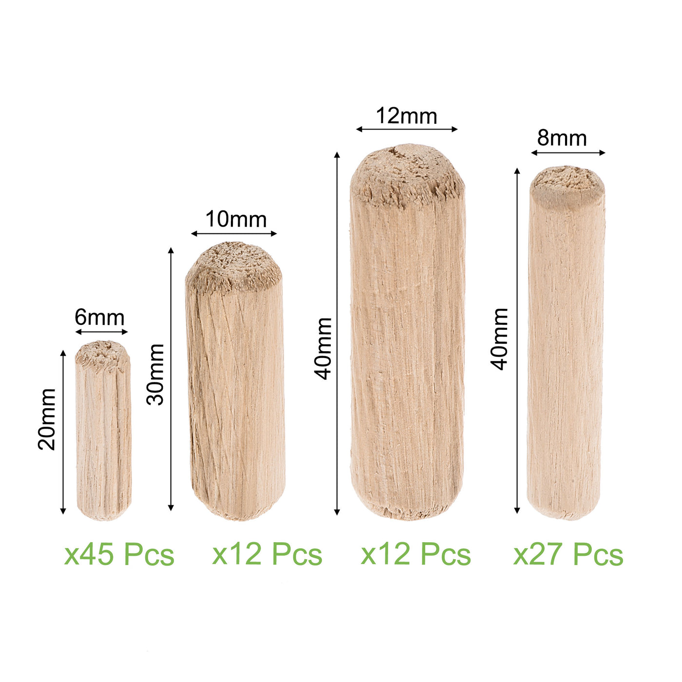 uxcell Uxcell Wooden Dowel Pin 6x20mm, 8x40mm, 10x30mm, 12x40mm Wood Kiln Dried Fluted Beveled Hardwood 114pcs