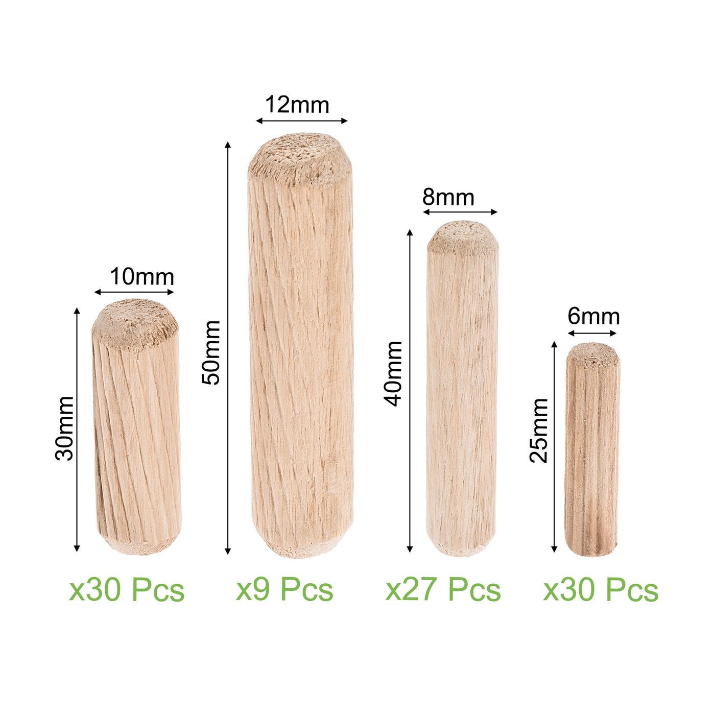 uxcell Uxcell Wooden Dowel Pin 6x25mm, 8x40mm, 10x30mm, 12x50mm Wood Kiln Dried Fluted Beveled Hardwood 96pcs