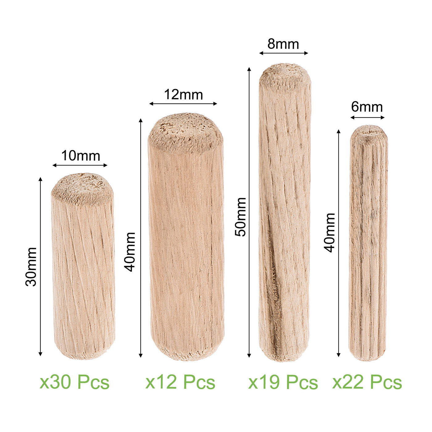 uxcell Uxcell Wooden Dowel Pin 6x40mm, 8x50mm, 10x30mm, 12x40mm Wood Kiln Dried Fluted Beveled Hardwood 83pcs