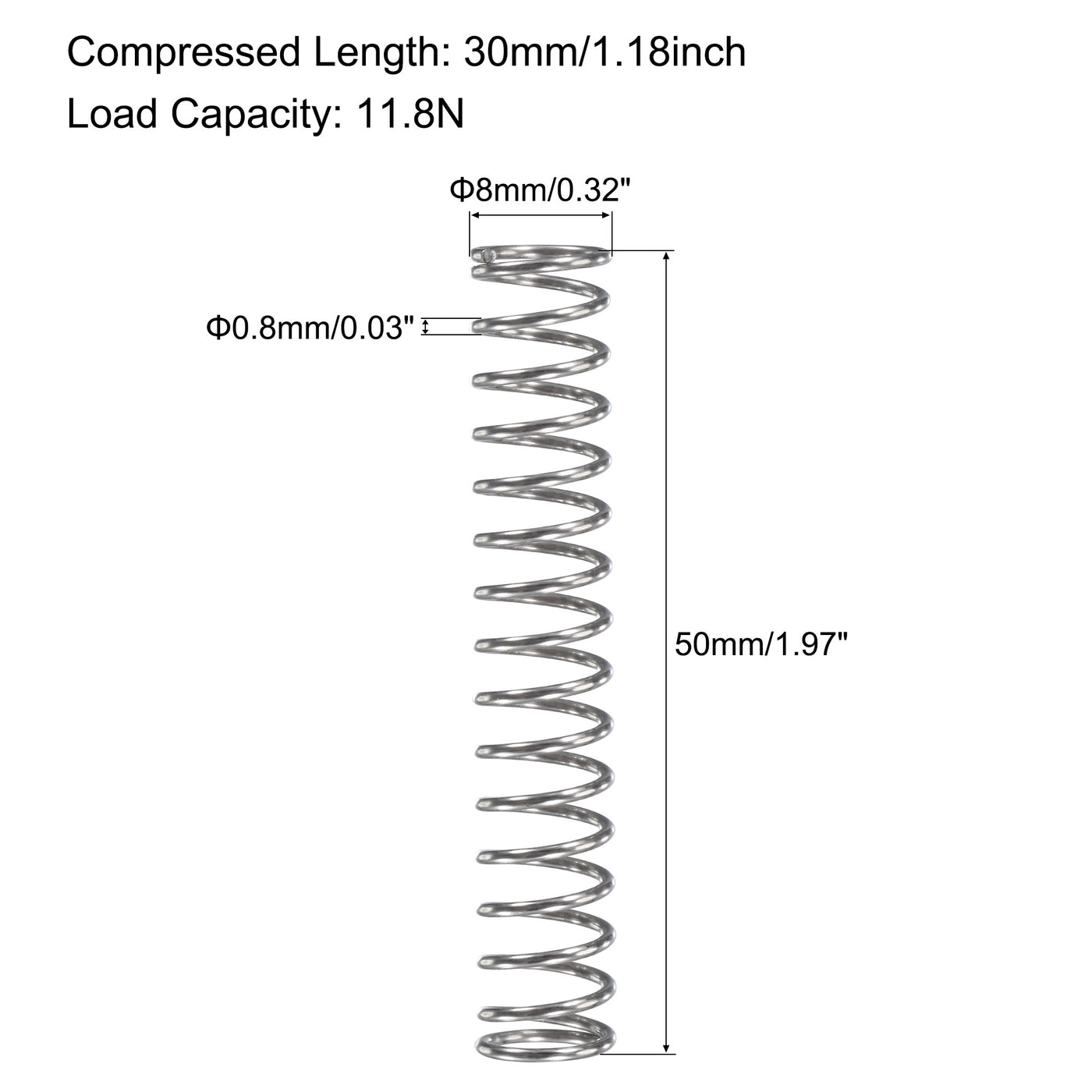 uxcell Uxcell 8mmx0.8mmx50mm 304 Stainless Steel Compression Spring 11.8N Load Capacity 30pcs