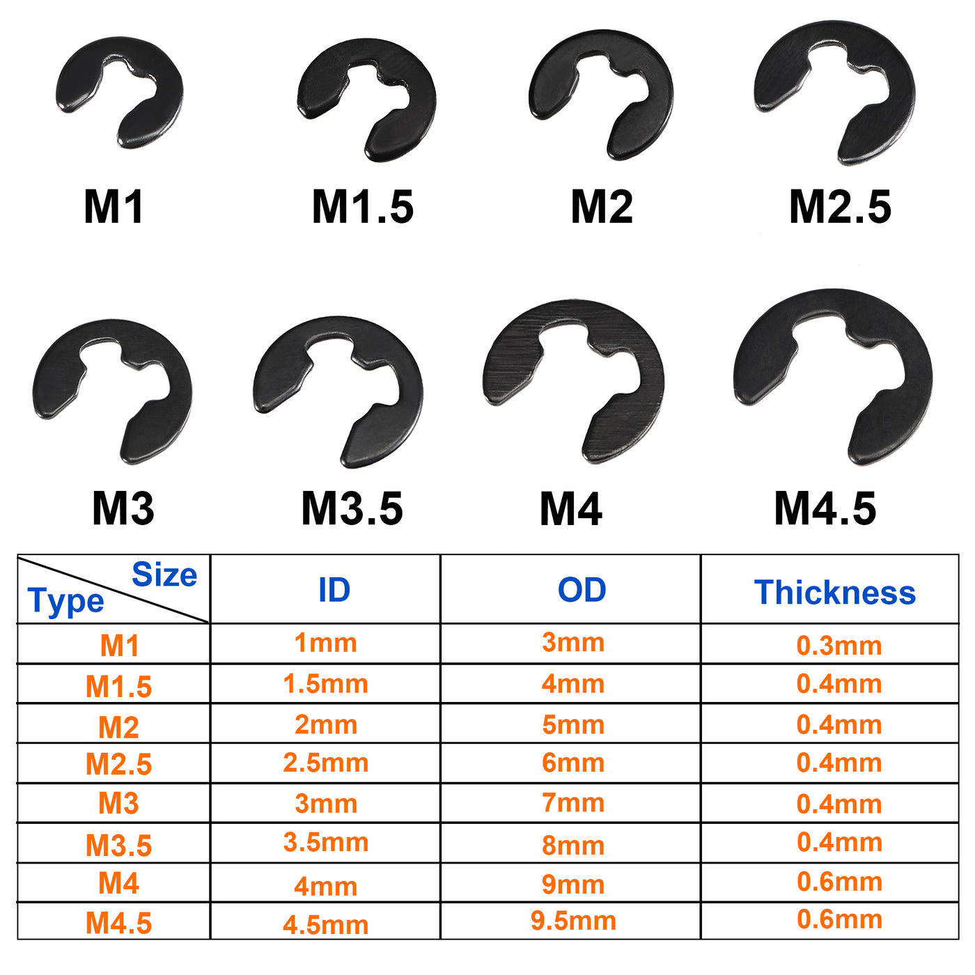 uxcell Uxcell E-Clip 400Pcs External Retaining Ring Washer Carbon Steel Size: 1mm to 11mm