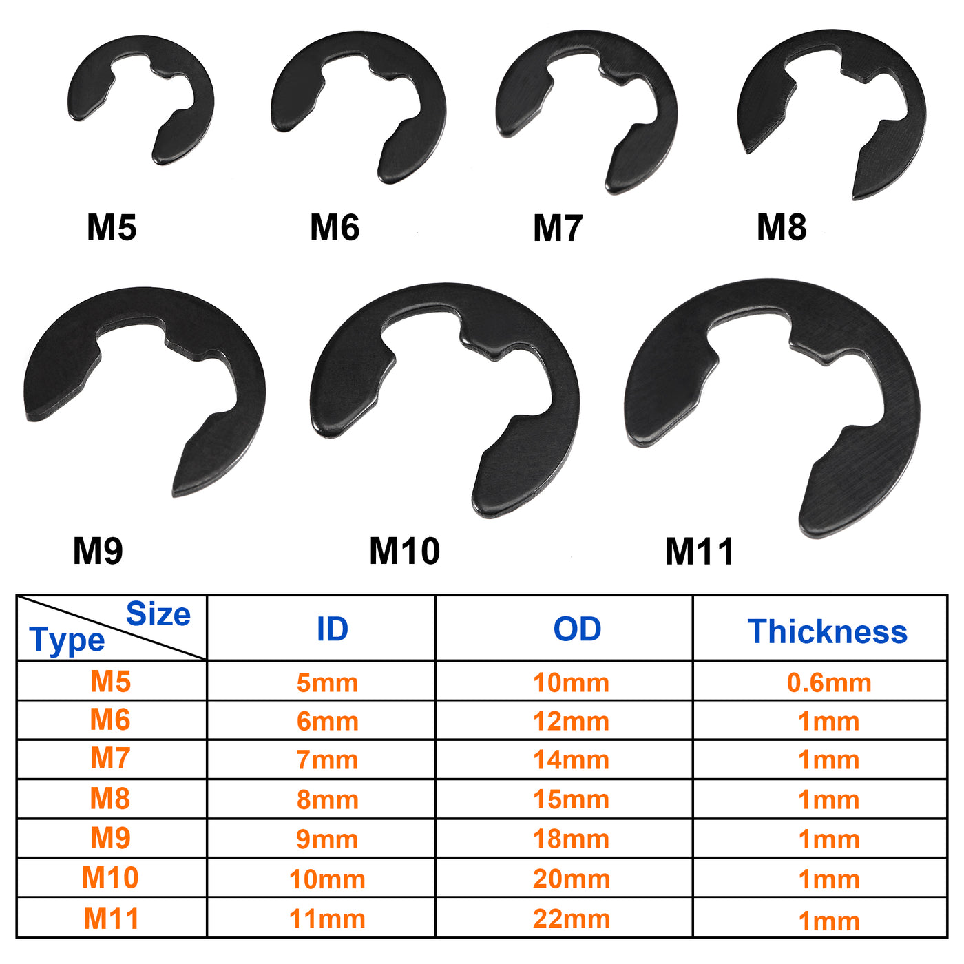 uxcell Uxcell E-Clip 400Pcs External Retaining Ring Washer Carbon Steel Size: 1mm to 11mm