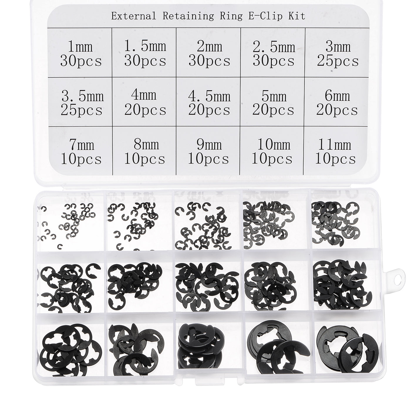 uxcell Uxcell E-Clip 300Pcs 15-Size External Retaining Ring Carbon Steel Set Size: 1mm to 11mm