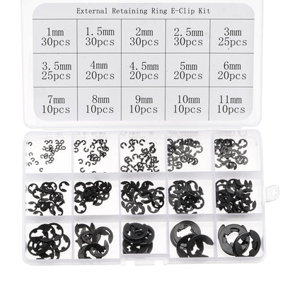 Harfington Uxcell E-Clip 300Pcs 15-Size External Retaining Ring Carbon Steel Set Size: 1mm to 11mm