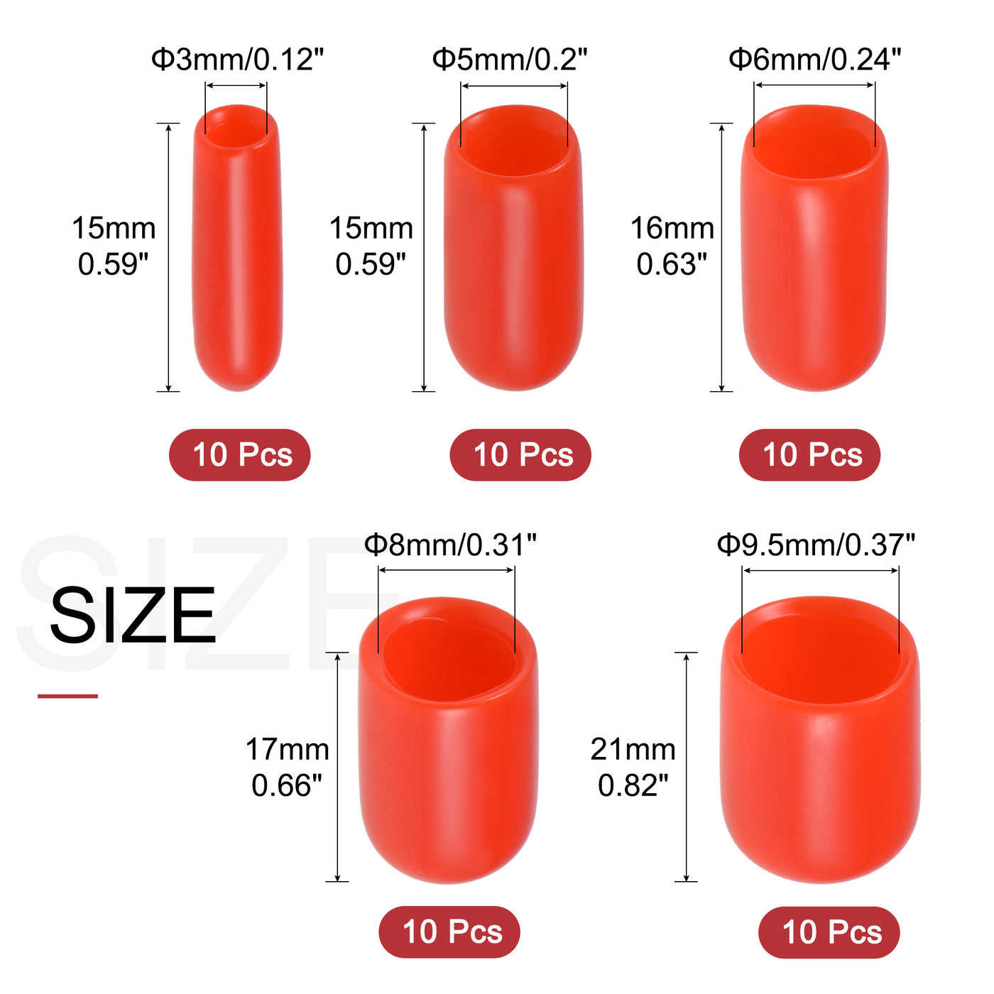 uxcell Uxcell 50pcs Round Rubber End Caps 1/8" 3/16" 1/4" 5/16" 3/8" Red Vinyl Cover Screw Thread Protectors Assortment Kit