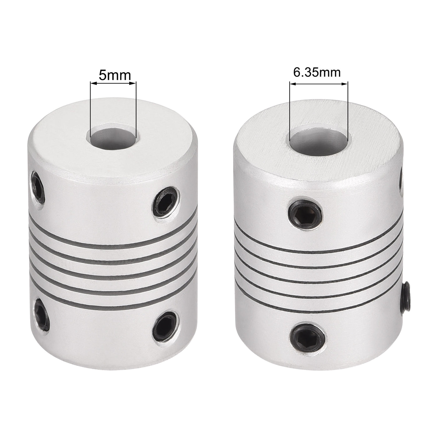 uxcell Uxcell 5mm to 6.35mm Aluminum Alloy Shaft Coupling Flexible Coupler L25xD19 Silver,5pcs