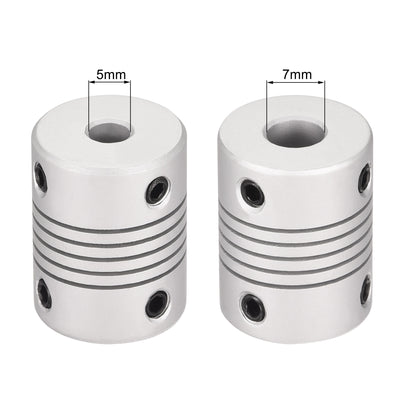 Harfington Uxcell 5mm to 7mm Aluminum Alloy Shaft Coupling Flexible Coupler L25xD19 Silver,5pcs