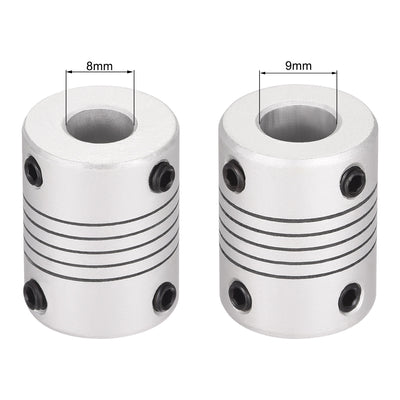 Harfington Uxcell 8mm to 9mm Aluminum Alloy Shaft Coupling Flexible Coupler L25xD19 Silver,5pcs