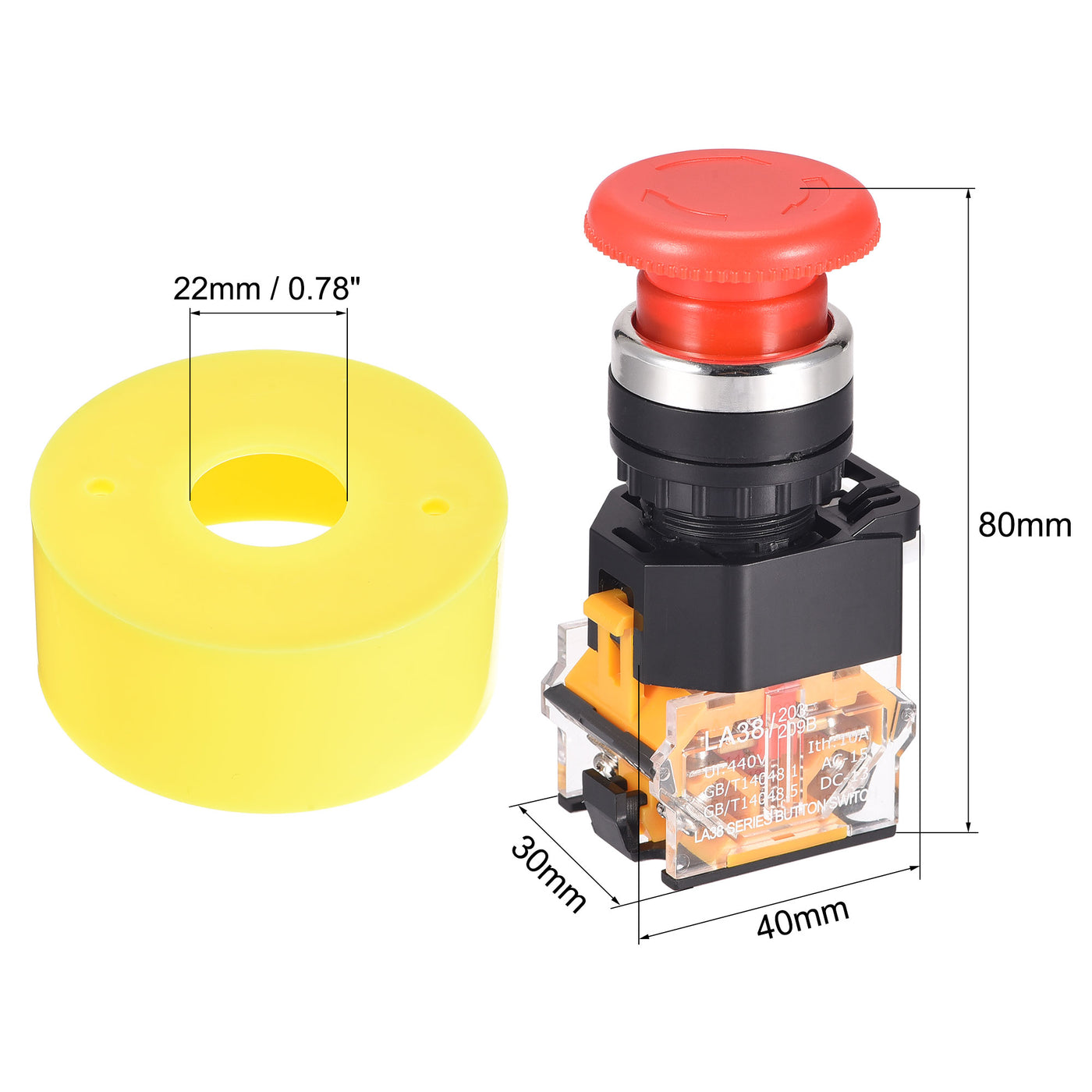 uxcell Uxcell 22mm Mounting Latching Emergency Stop Push Button Switch With 65mm Yellow Protective Circle 1NO 1NC