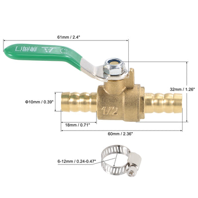 Harfington Uxcell Brass Air Ball Valve Shut Off Switch 12mm Hose Barb to 12mm Hose Barb with Clamps Green Handle