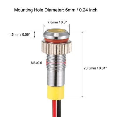 Harfington Uxcell LED Indicator Light AC/DC 12V 6mm Flush Panel Mount Yellow LED Metal Shell