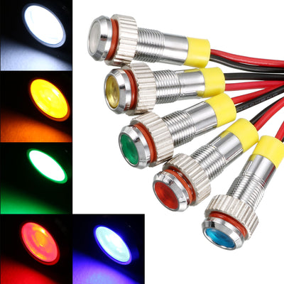 Harfington Uxcell Signal Indicator Light AC/DC 12V 6mm Dash Lamp Flush Panel Mount Metal Shell White Red Yellow Blue Green 5Pcs