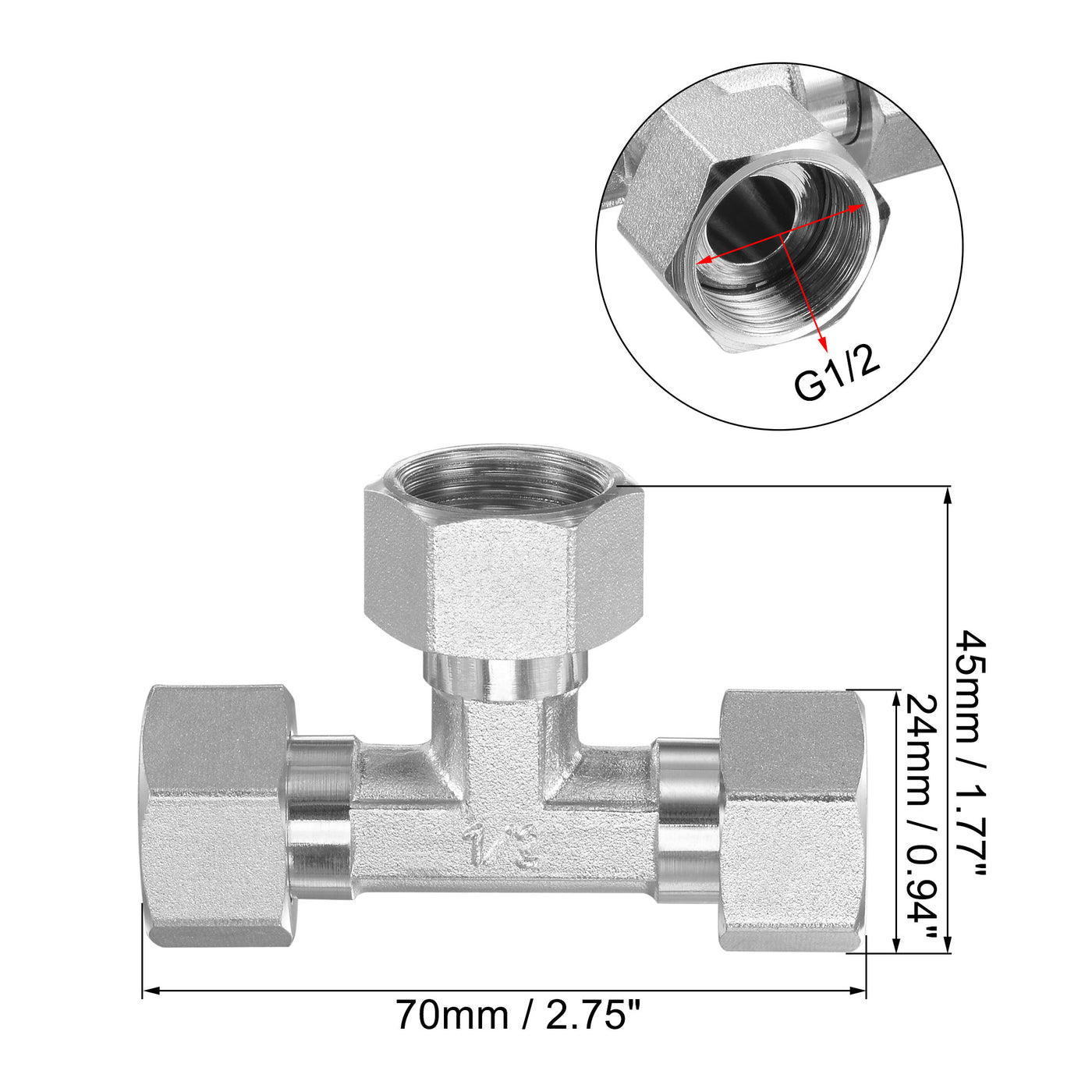 uxcell Uxcell Rohrverschraubungs T Stück G1 / 2 Innengewinde 3 Wege T Form Schwenkmutter Schlauch verbinder adapter, vernickeltes Kupfer